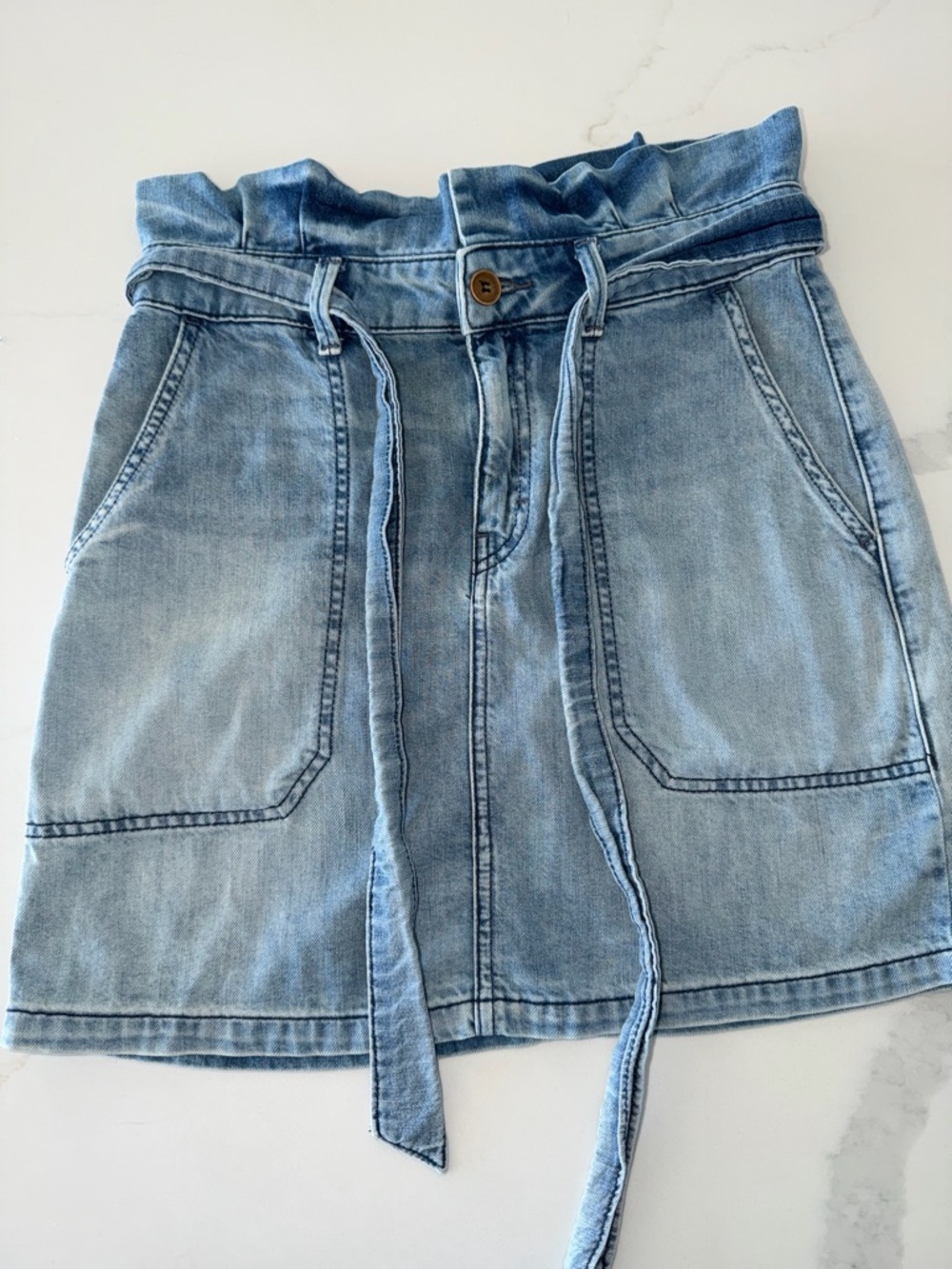 Free People Paperbag Waist Denim Mini Skirt Tie Belt Blue Size 6